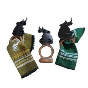 Vintage 80's Hand Carved Napkin Rings Wood Polished Artisan Ethnic Rhino Animals